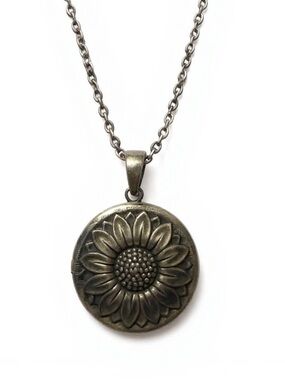 Vintage Sunflower Locket Medallion Pendant Necklace - Antiqued Silver Patina